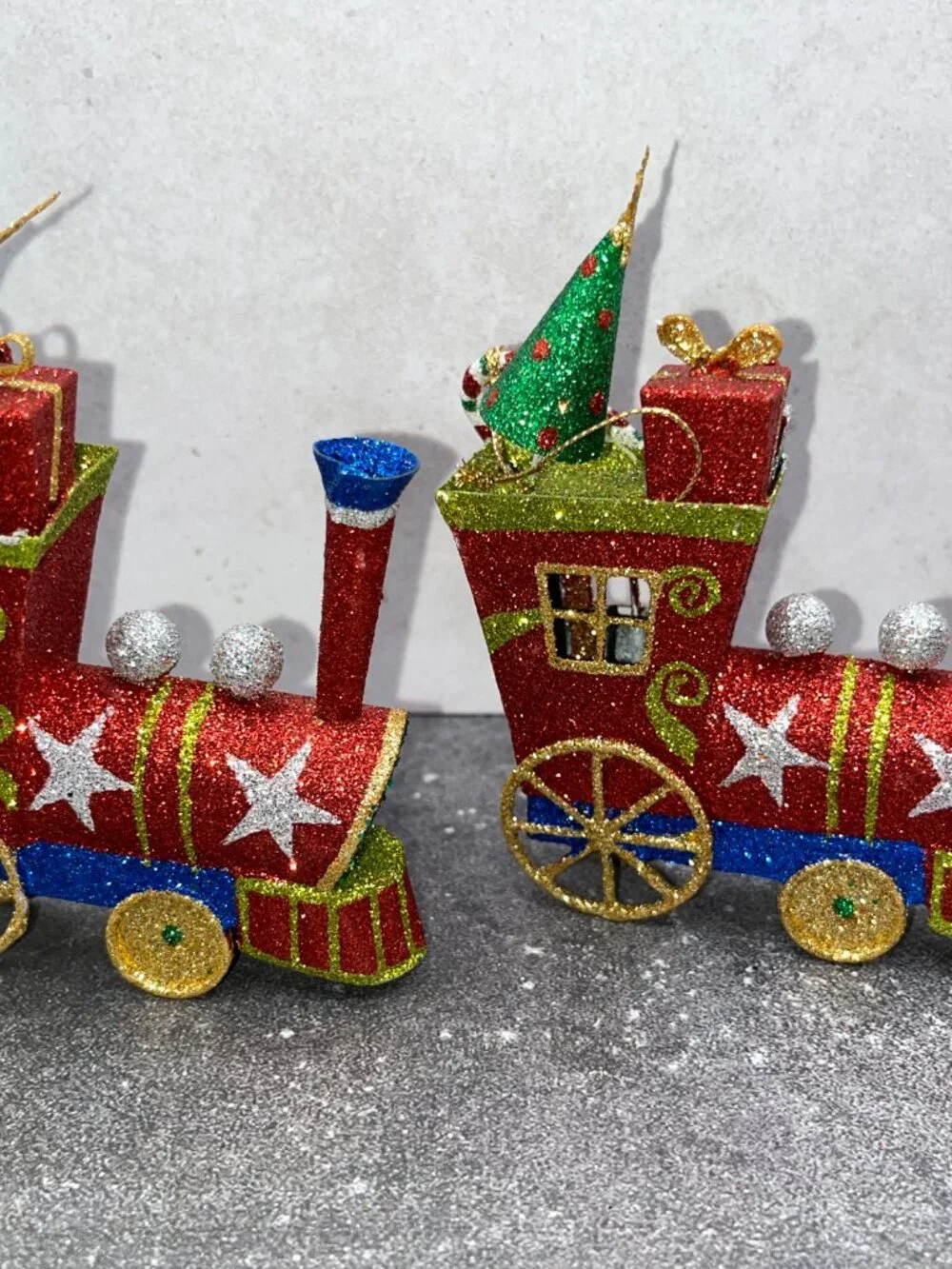 Vintage Pier One Pier 1 Metal Glitter Christmas Train Ornaments Red Green Blue